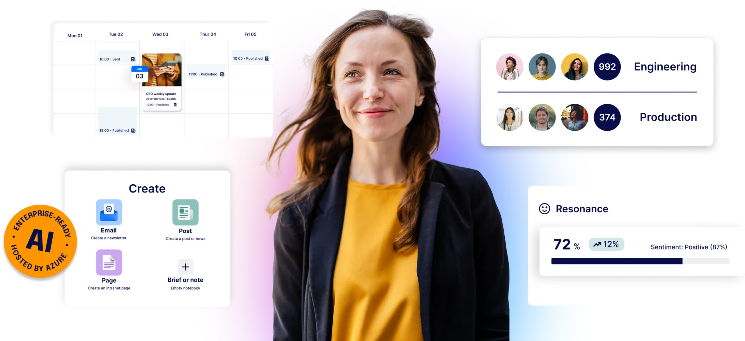 Smiling woman with long hair stands in front of a colorful background, surrounded by digital charts and icons related to AI and productivity.