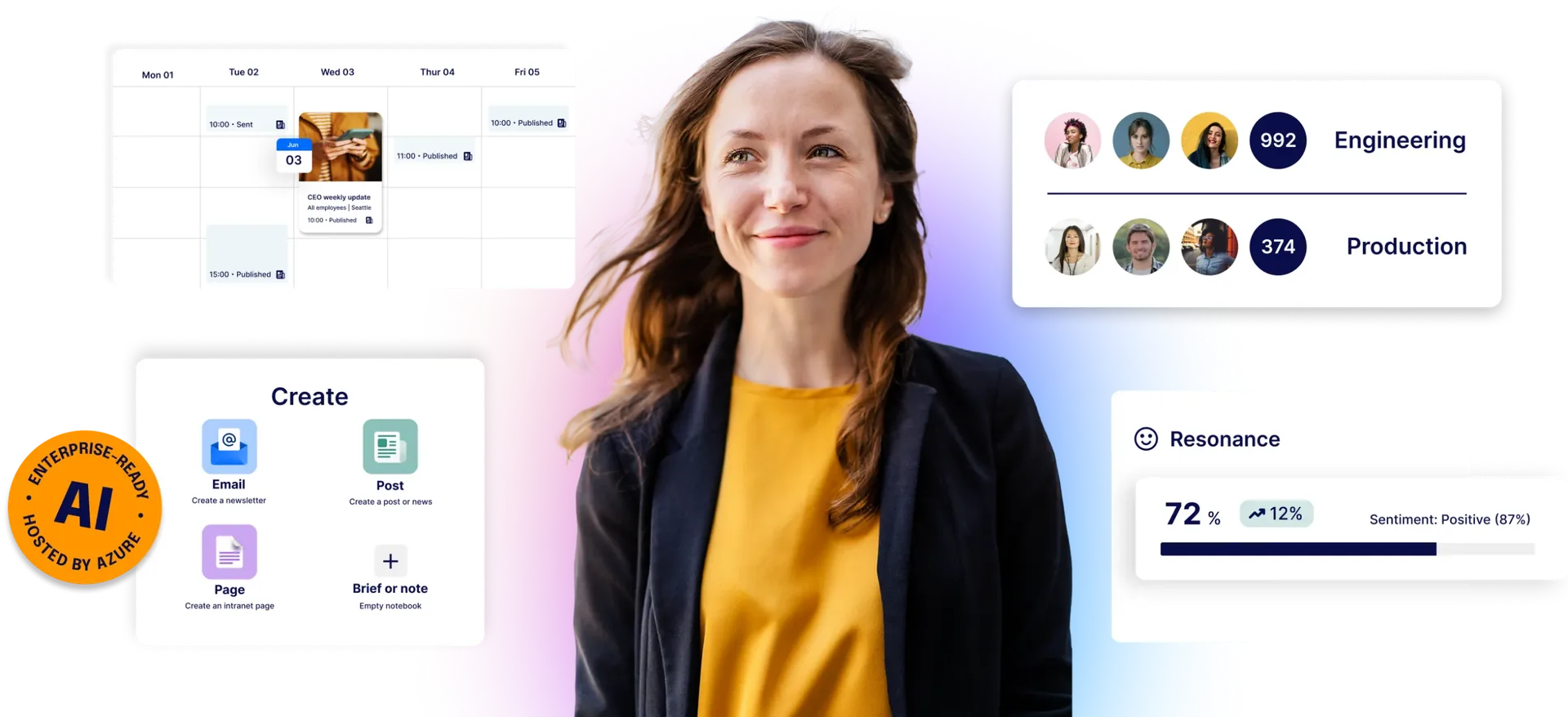 Smiling woman with long hair stands in front of a colorful background, surrounded by digital charts and icons related to AI and productivity.