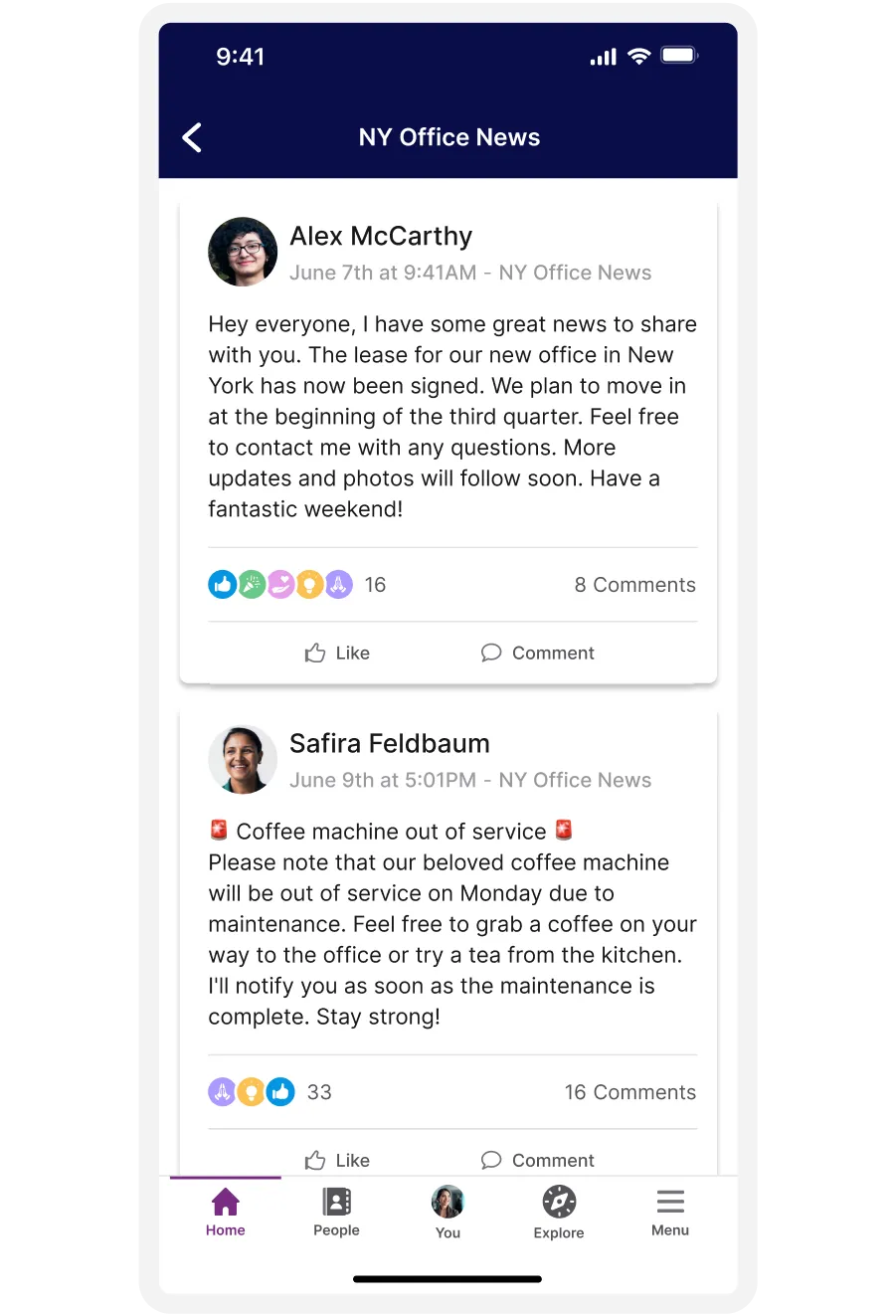 Mobile app screen showing two news posts. Top post discusses a new office lease in New York. Bottom post informs about a coffee machine outage.