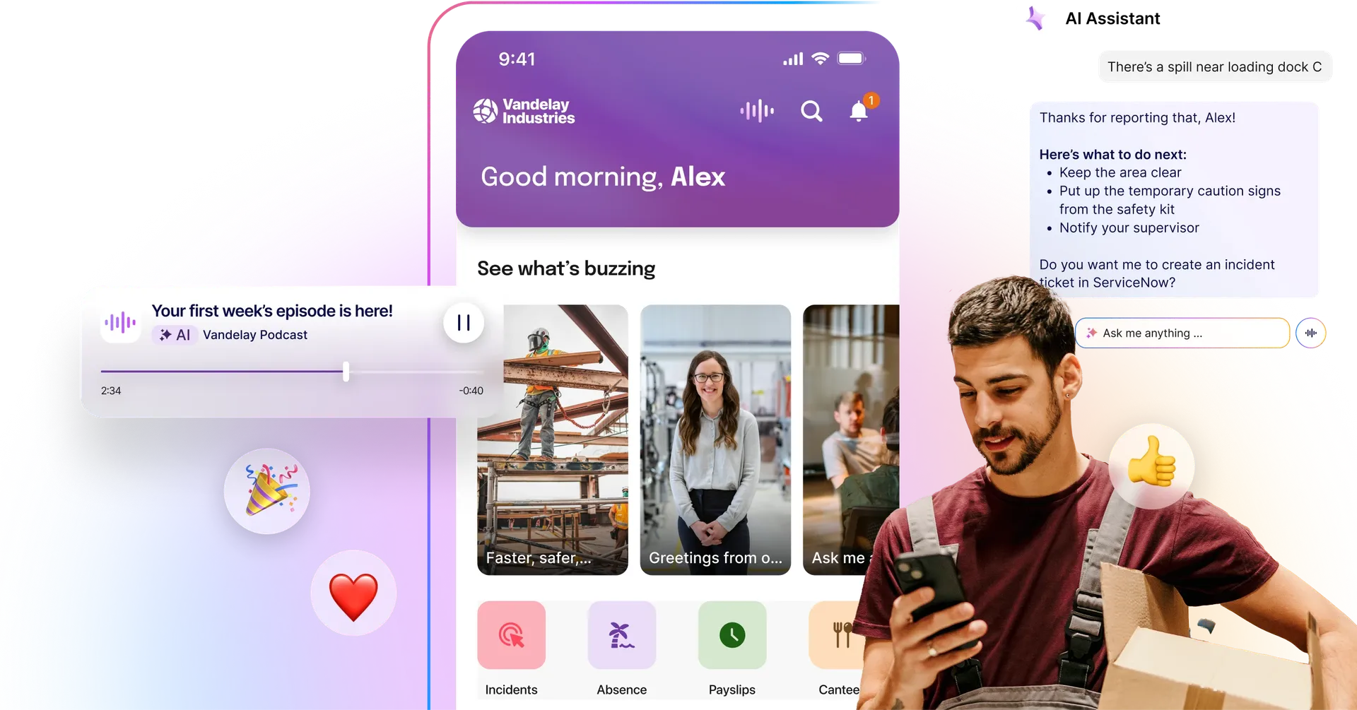 A collage of a smartphone interface, a man holding a phone, and various app notifications on a colorful gradient background.