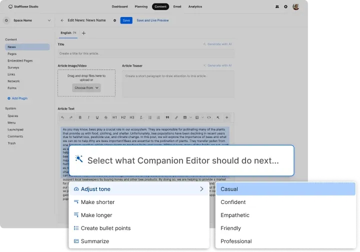 A content editing interface with options to adjust tone, including Casual, Confident, Empathetic, Friendly, and Professional.