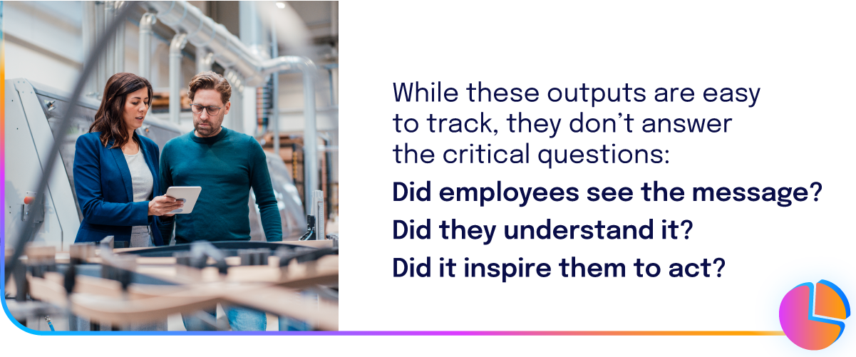 Two people in a factory setting discuss information on a tablet. Text on the right poses questions about communication effectiveness.