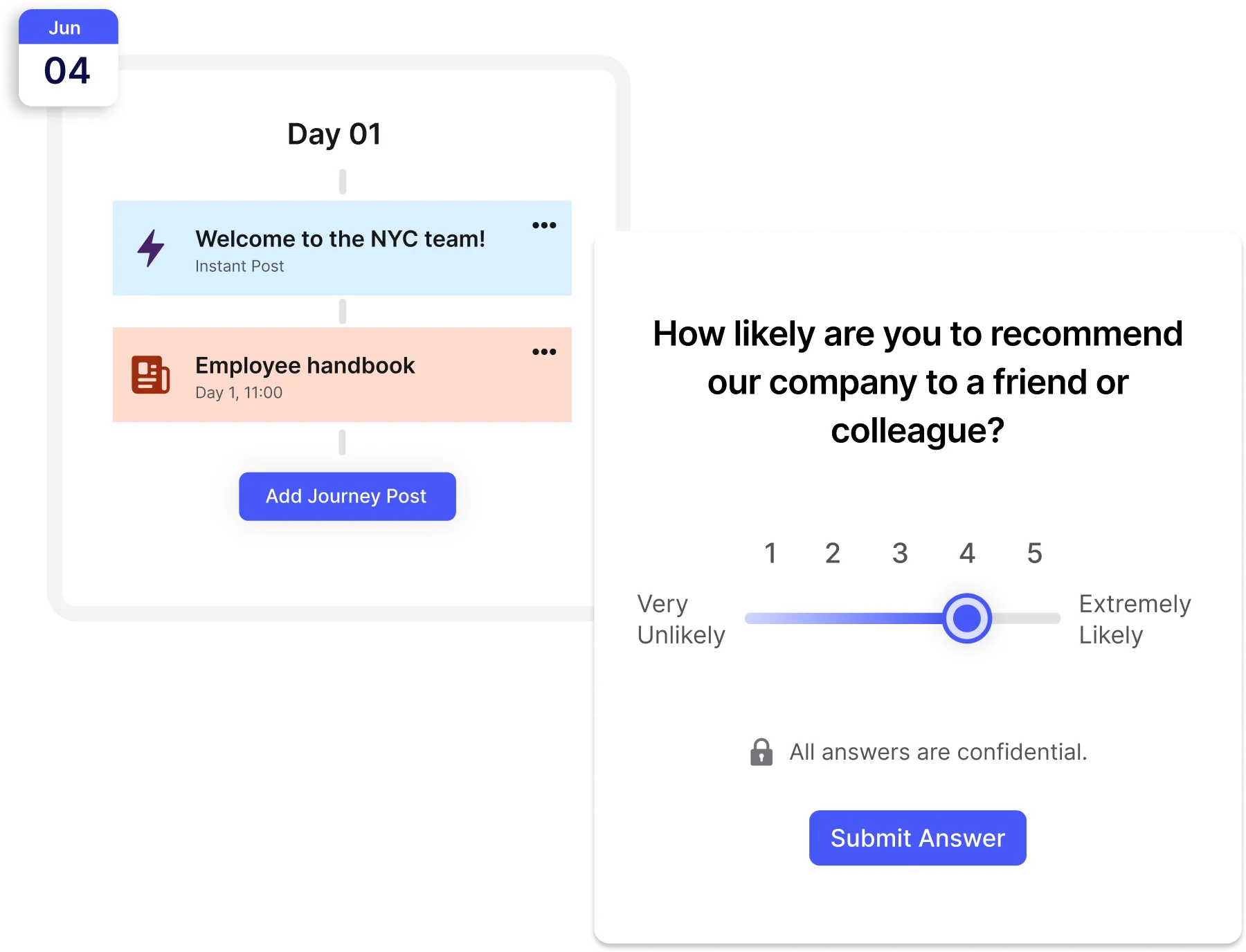 Dashboard showing a timeline with "Welcome to the NYC team!" and "Employee handbook" posts, alongside a survey question on recommending the company.