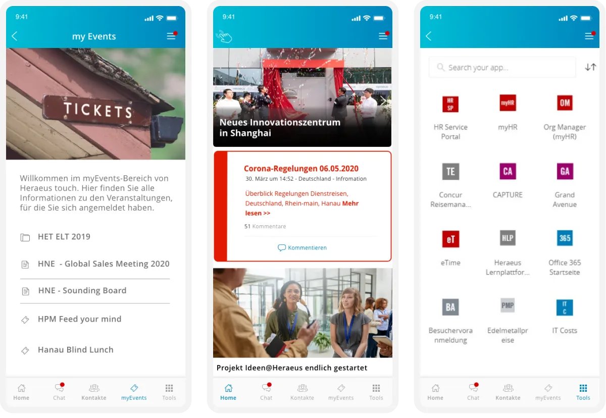 Three smartphone screens showing an event app with a ticket image, news updates, and a list of services with icons. It's an employee app with a lot of features.
