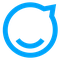 Blue circular logo with a stylized arrow and a smiley face inside, resembling a chat bubble or messaging icon.
