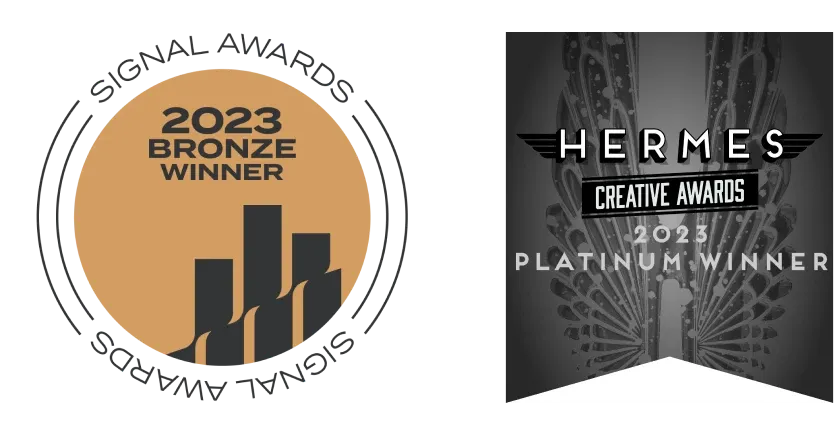 Two award badges: a 2023 Bronze Winner with a bar chart and a Hermes Creative Awards 2023 Platinum Winner with wing design.