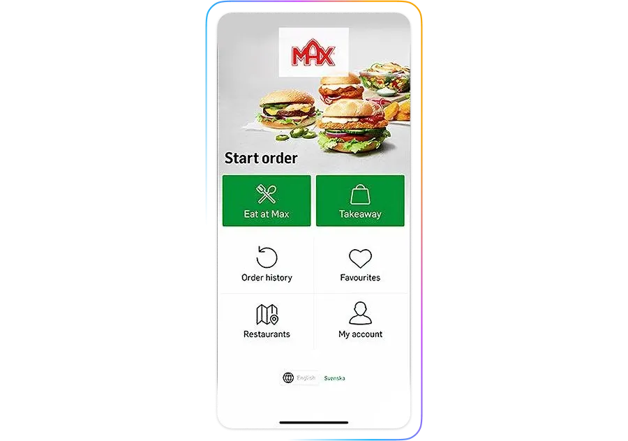 Mobile app interface displaying food options with "Eat at Max" and "Takeaway" buttons, featuring images of burgers and fries.