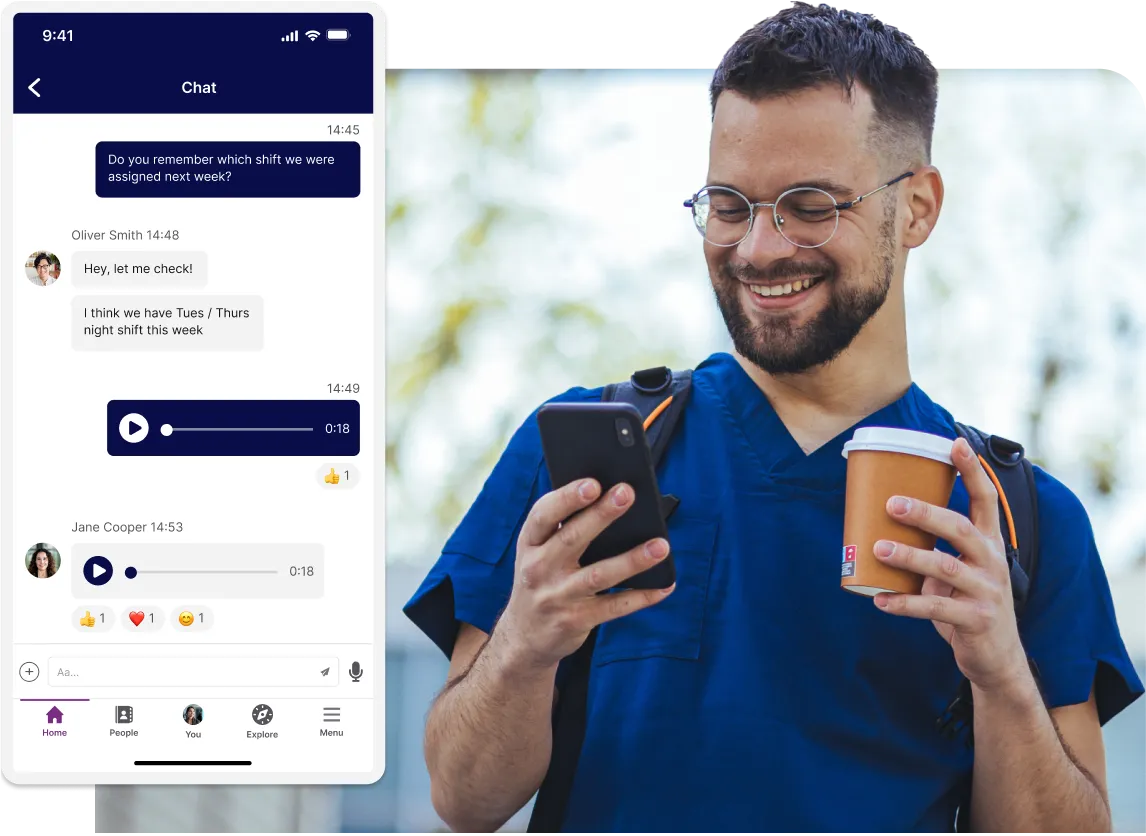 A smiling man in blue scrubs holds a phone and coffee. A chat app with voice messages is displayed beside him.