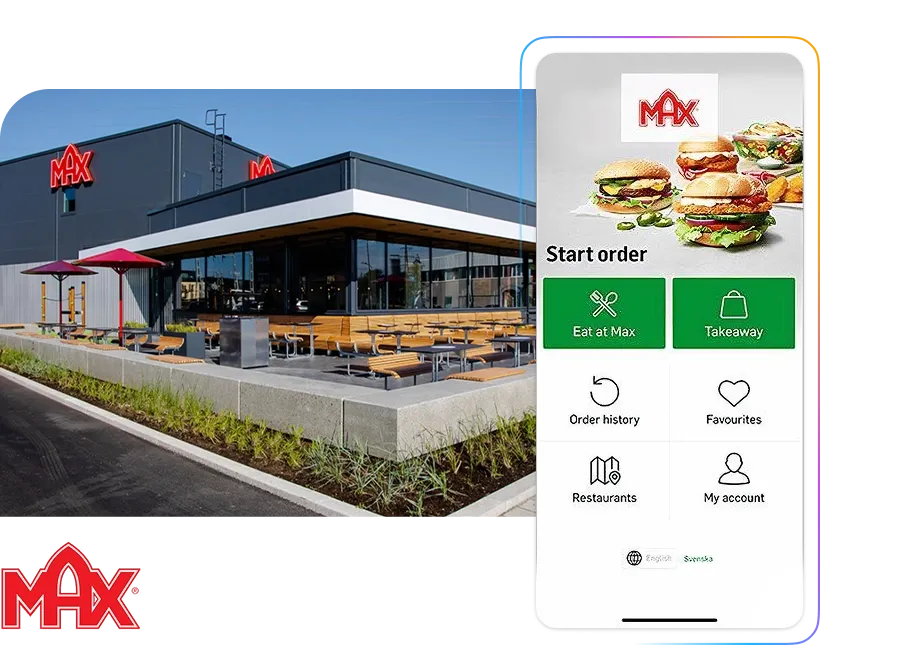 Outdoor view of a Max restaurant with patio seating, alongside a smartphone screen showing the Max app interface for ordering food.