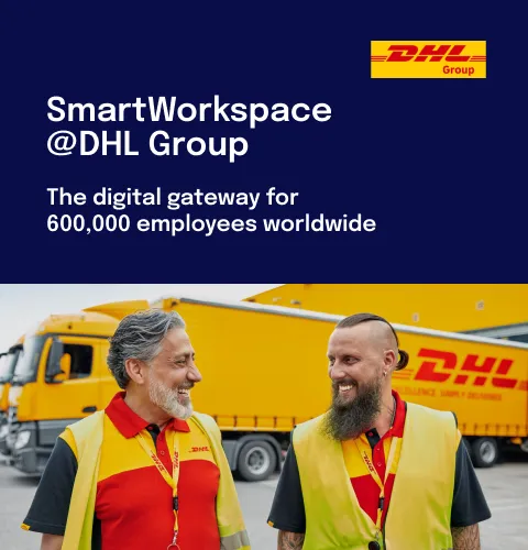 Two DHL employees smiling in front of a yellow DHL truck. Text reads: "SmartWorkspace @DHL Group: The digital gateway for 600,000 employees worldwide."