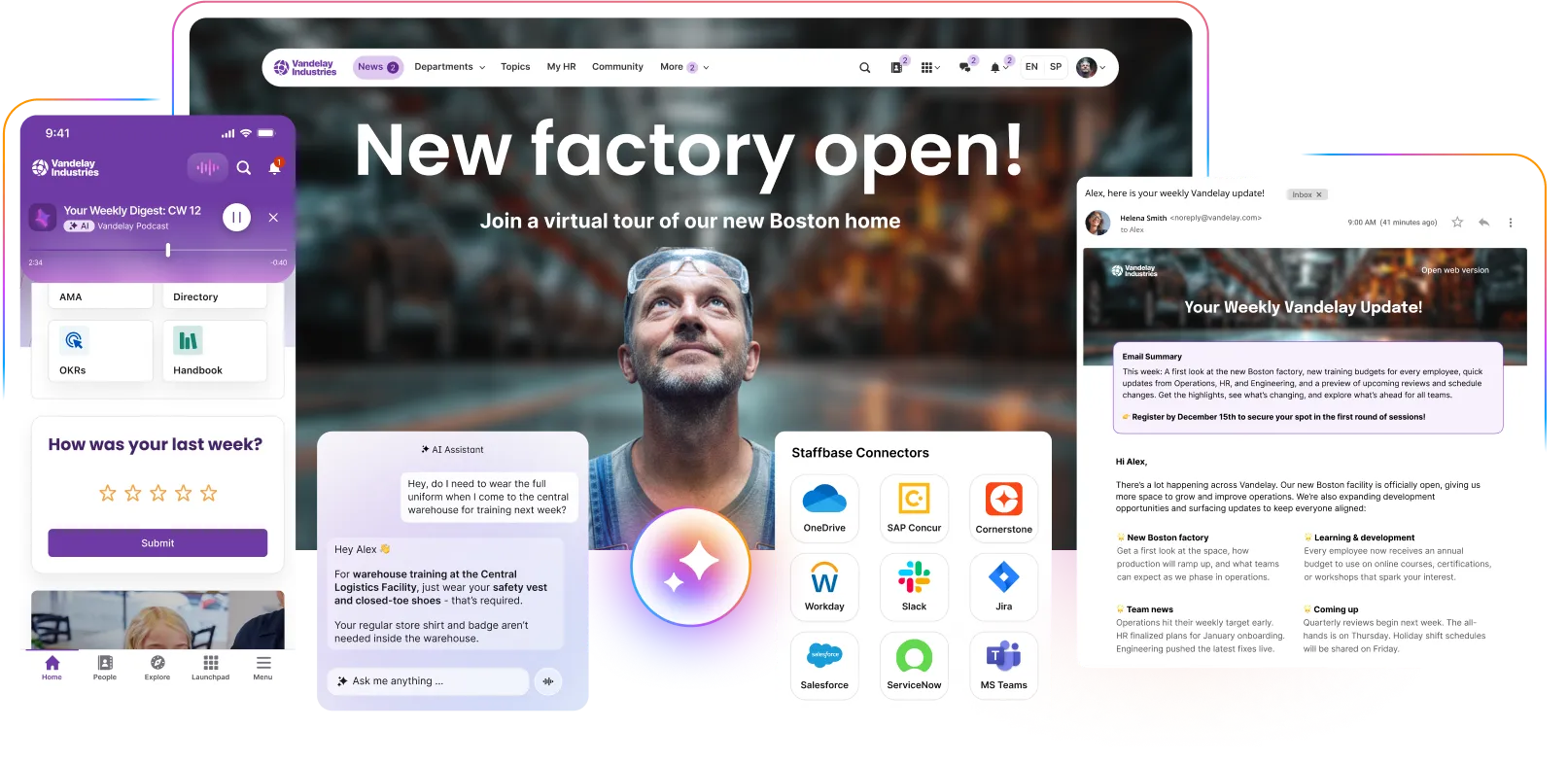 Collage of digital interfaces showcasing a factory opening announcement, a man looking up, app icons, and a newsletter update.