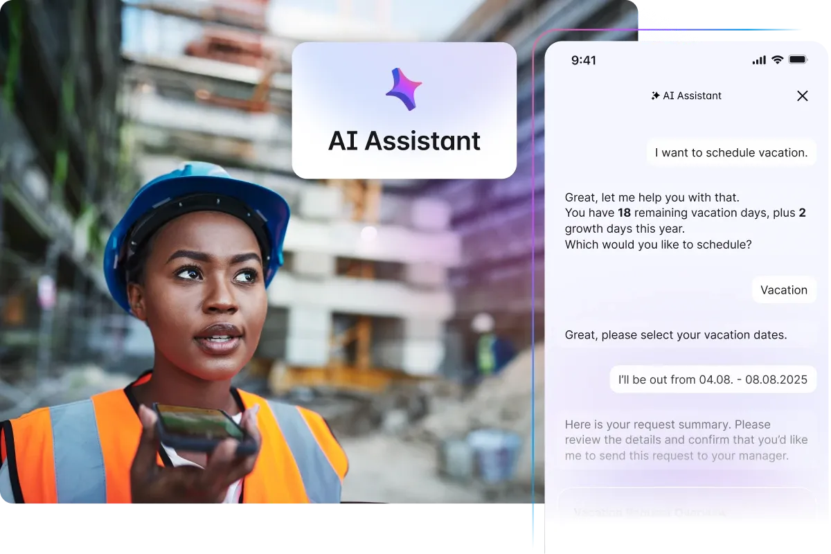 A construction worker uses a voice assistant on a smartphone. The screen displays a conversation about scheduling vacation days.