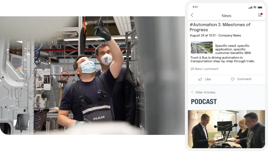 Factory workers wearing masks inspect machinery; adjacent is a smartphone displaying a news article and podcast about automation.
