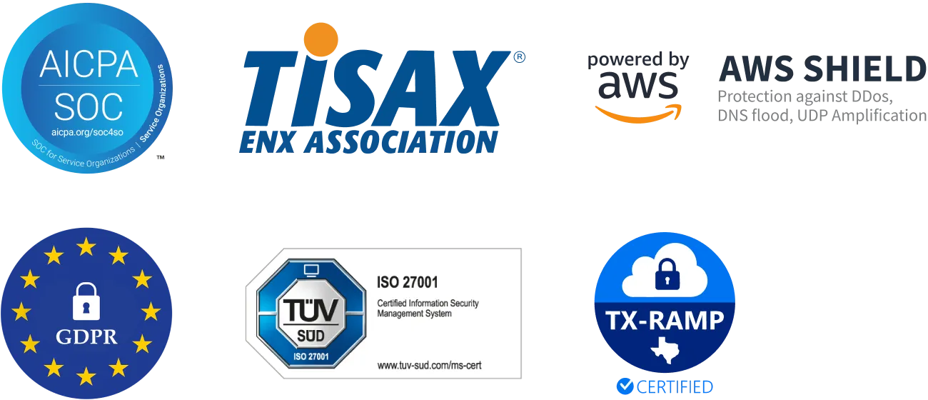 Logos of various certifications and protections: AICPA SOC, TISAX, AWS Shield, GDPR, ISO 27001, and TX-RAMP Certified.