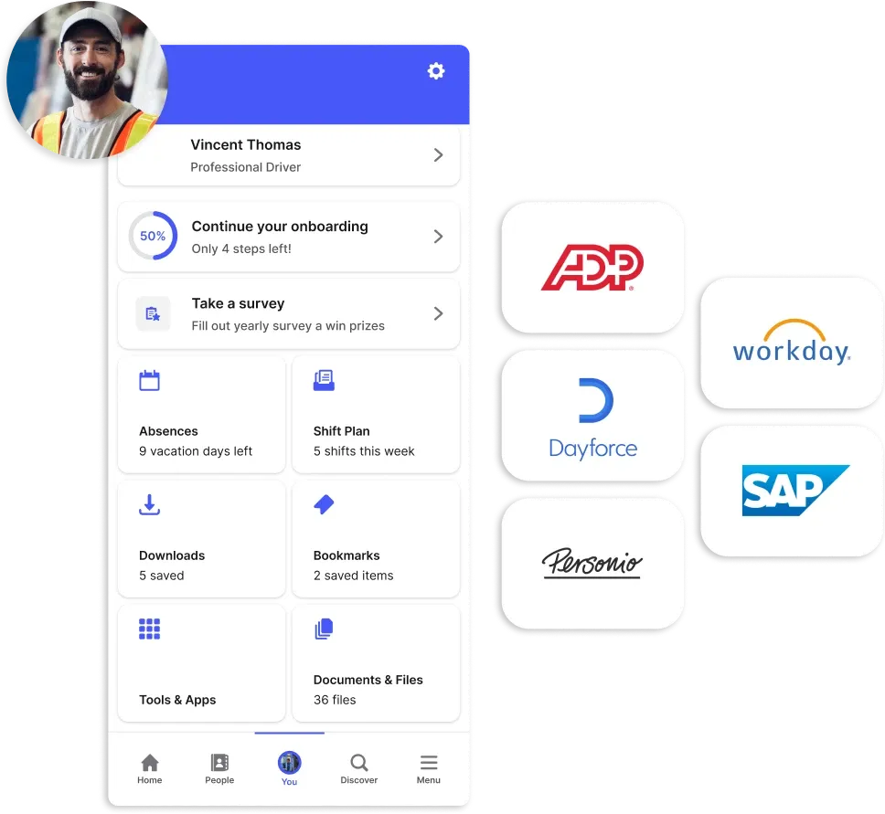 Mobile app interface showing a driver's profile with tasks and company logos like ADP, Workday, Dayforce, SAP, and Personio on the side.