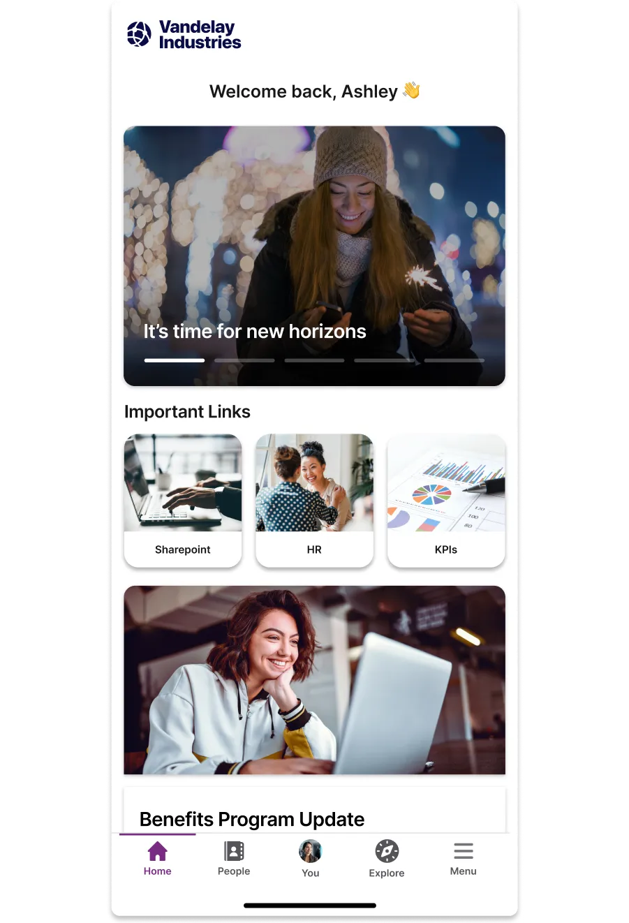 Mobile dashboard with a welcome message, navigation icons, and sections for important links, including Sharepoint, HR, and KPIs.