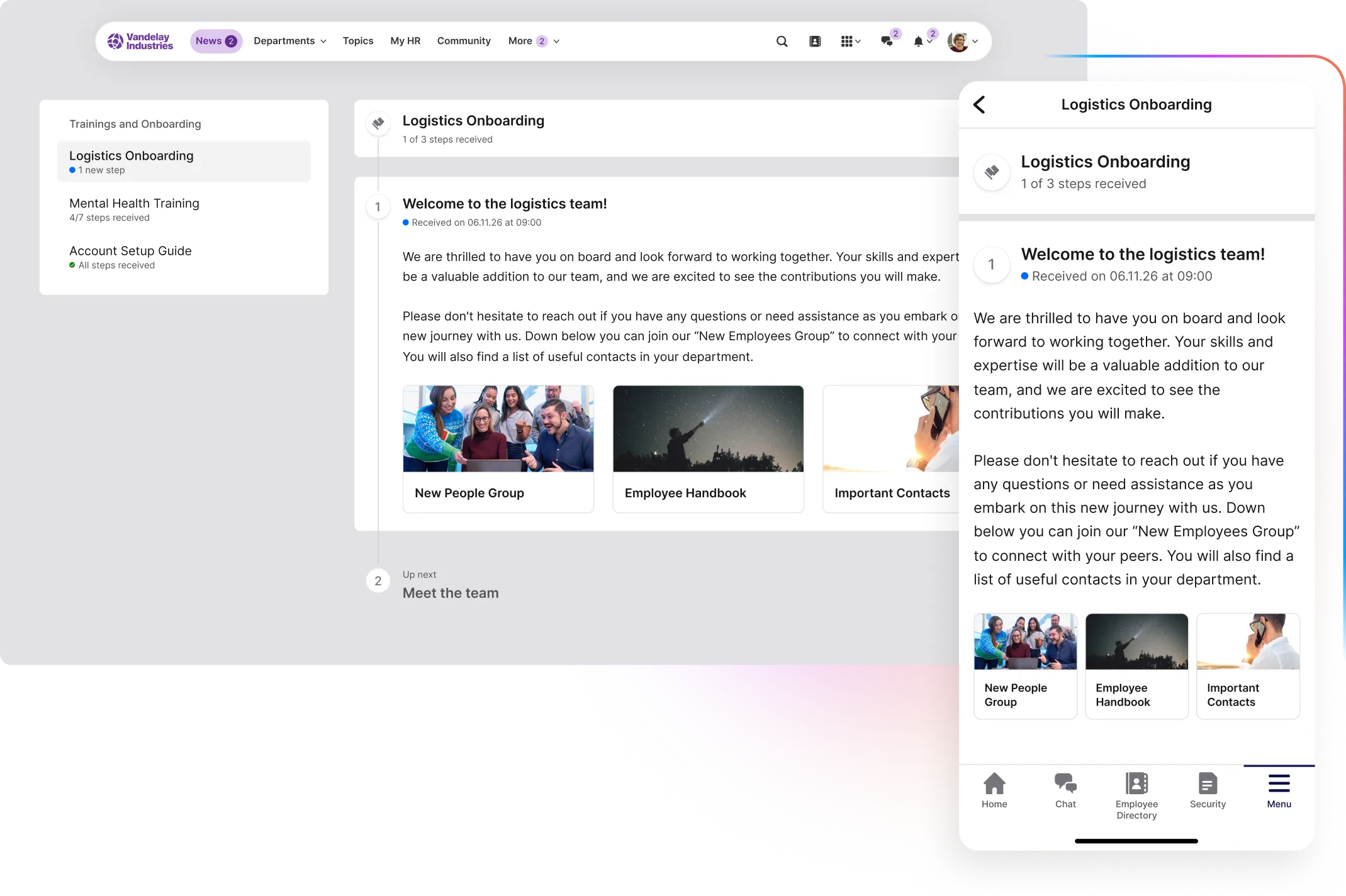 Desktop and mobile views of a logistics onboarding page, featuring welcome text, navigation menu, and sections for new people, handbook, and contacts.