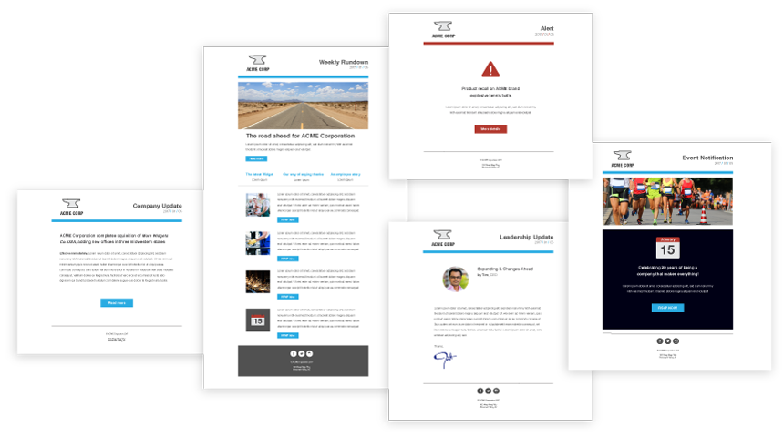 A collage of five email templates featuring alerts, company updates, event notifications, and newsletters with various layouts and images.