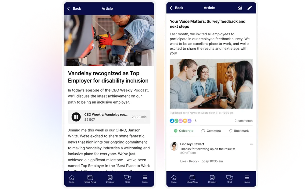 Two mobile screens showing articles: one on Vandelay's top employer recognition, the other on employee feedback survey results.