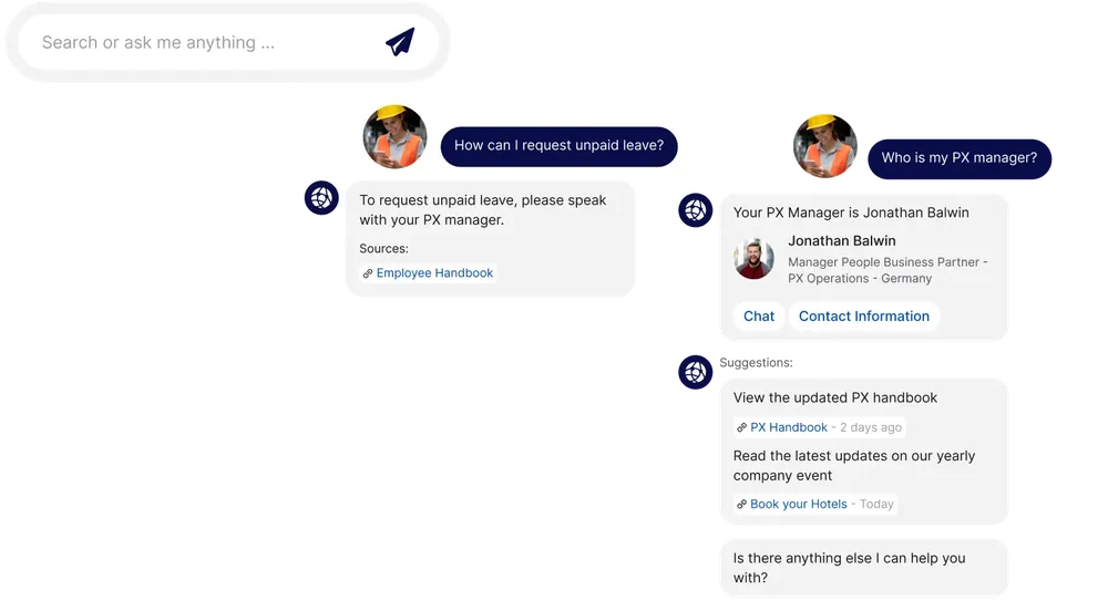 Chat interface showing a conversation about unpaid leave and PX manager details, with links to the employee handbook and PX handbook updates.