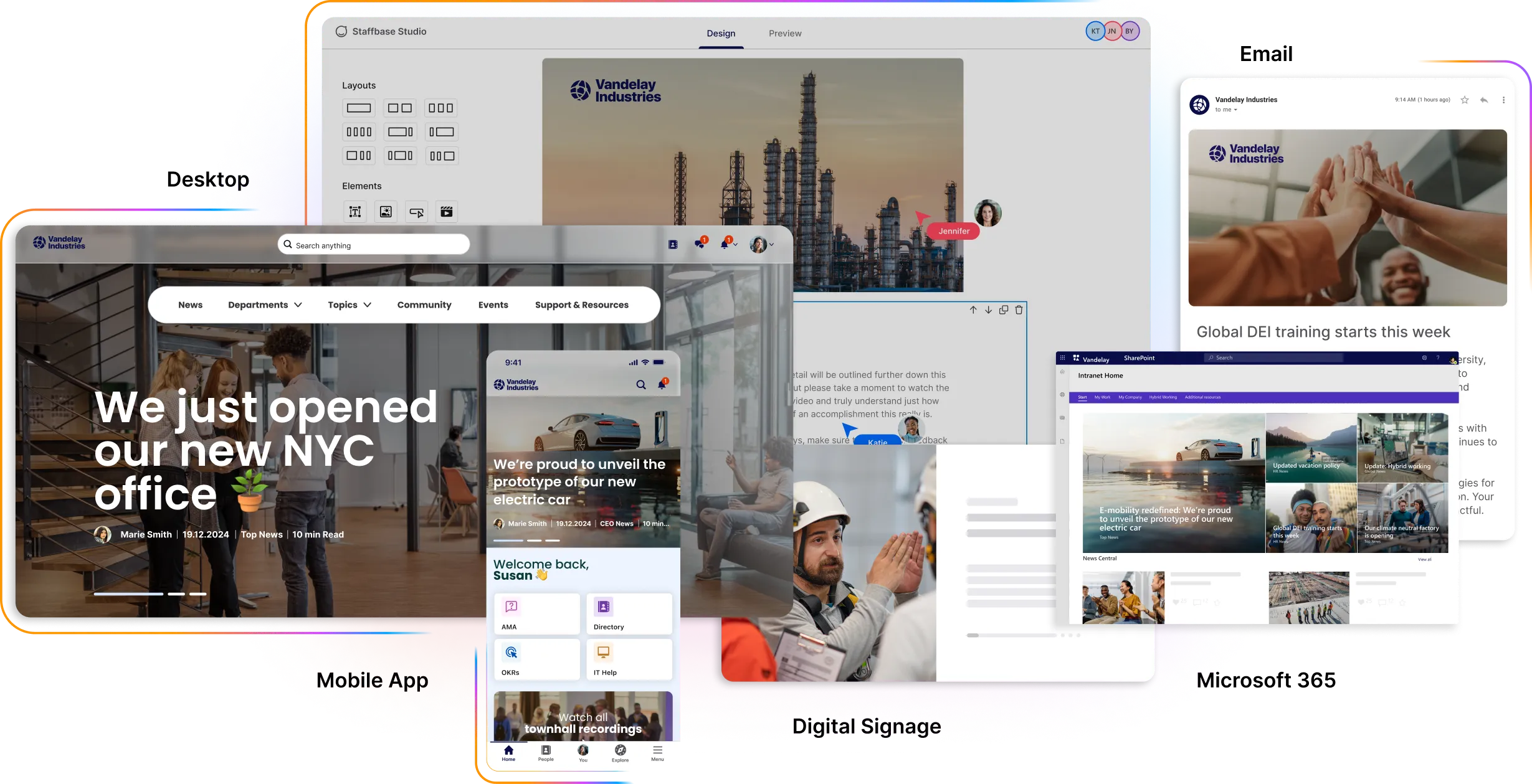 Collage of digital interfaces showcasing a website, mobile app, and digital signage for Vandelay Industries, featuring office and industrial scenes.