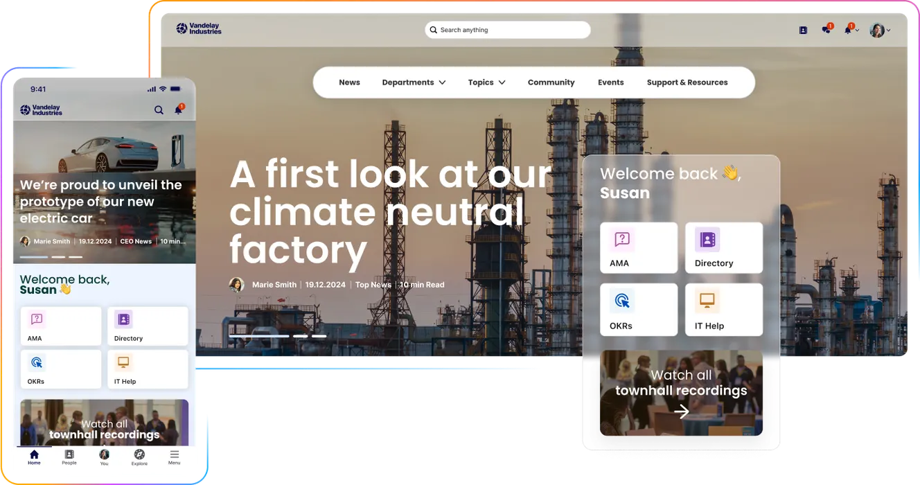 A digital interface showcasing a homepage with industrial background, mobile app view, and user welcome screens for "Susan."