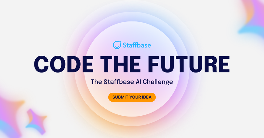 "Code the Future: The Staffbase AI Challenge. Submit your idea. Vibrant circular gradient background with colorful star shapes."