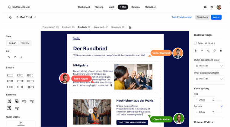 Screenshot des Staffbase E-Mail-Editors mit einem Beispiel-Newsletter „Der Rundbrief“ im Designmodus. Markiert sind drei Bearbeitende: Rene Naylor, Victor Matfield und Cheslin Kolbe. Links befindet sich die Layout-Auswahl, rechts die Blockeinstellungen. Die E-Mail enthält zwei Beiträge mit Bildern und Text sowie einen Button „Das Team kennenlernen“.