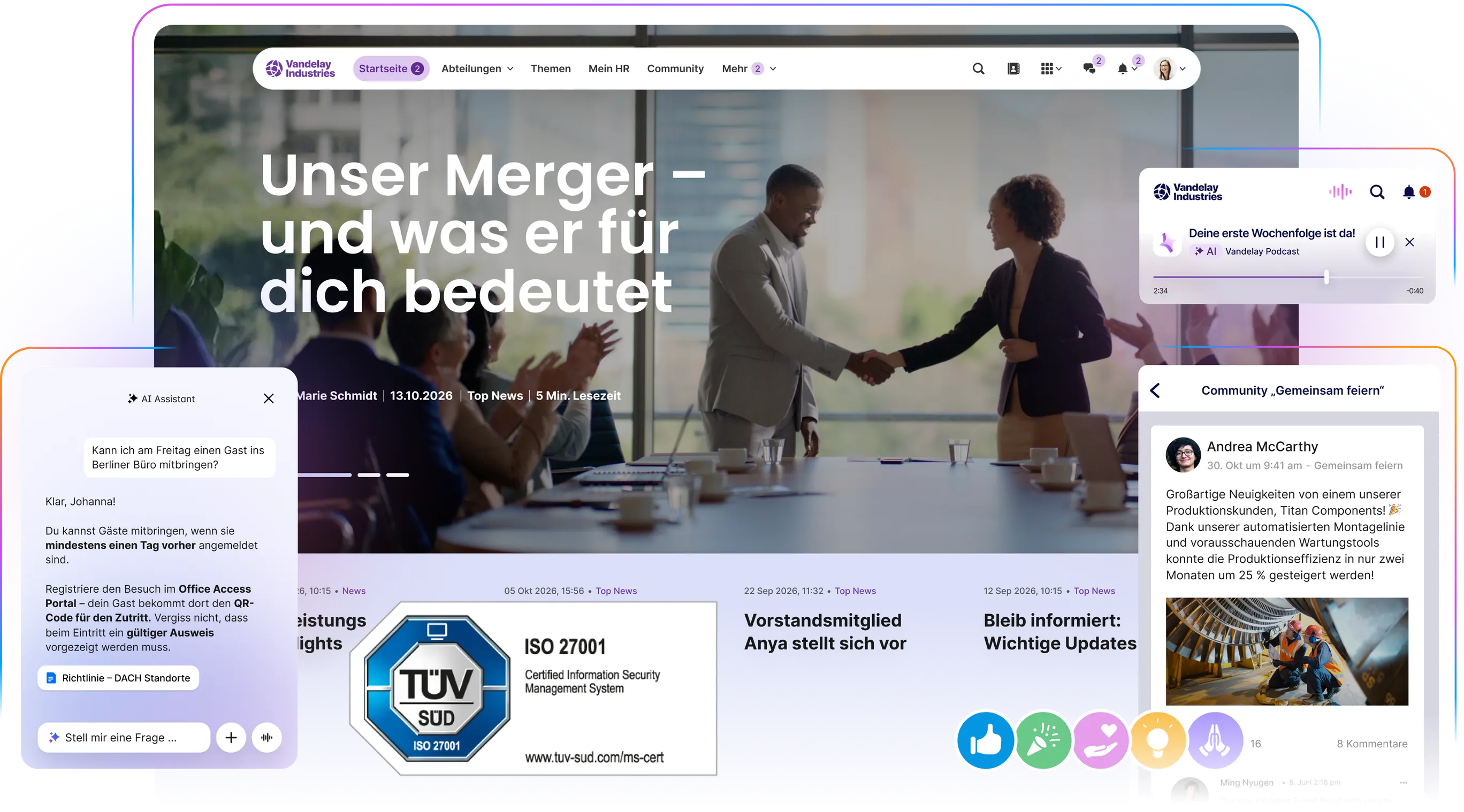 Eine digitale Schnittstelle, die eine Unternehmensbesprechung, Chatfenster und Benachrichtigungen über eine Fusion und neue IT-Sicherheitsrichtlinien anzeigt. ISO-Zertifikat ISO 27001