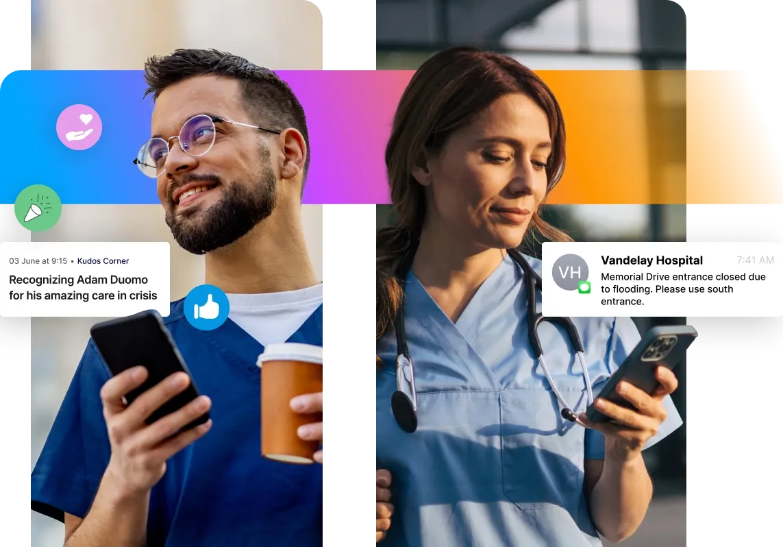 Two healthcare professionals in scrubs using smartphones. Notifications about recognizing a colleague and hospital entrance closure are visible.
