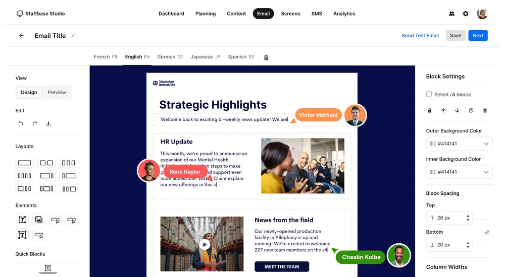 Email template editor displaying a newsletter with sections for strategic highlights, HR update, and news, featuring images and text editing options.