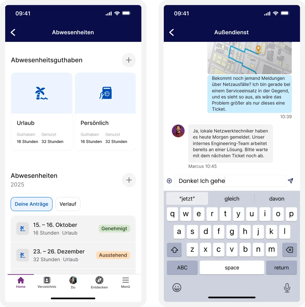 Screenshot of phone depicting absence balance and field service