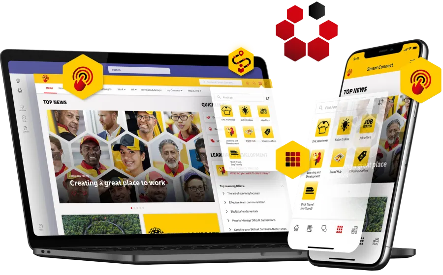 A laptop and smartphone display a vibrant employee engagement platform with news, icons, and communication tools.
