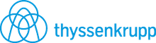 Thyssenkrupp logo with three interlocking blue arcs forming a triangular shape, followed by the company name in lowercase blue letters.