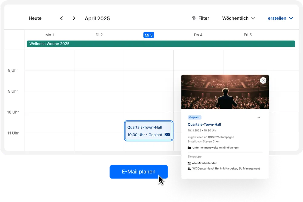 Calendar interface showing a scheduled event, "Quarterly Town Hall," on April 2, 2025, at 10:30 am. A pop-up details the event.
