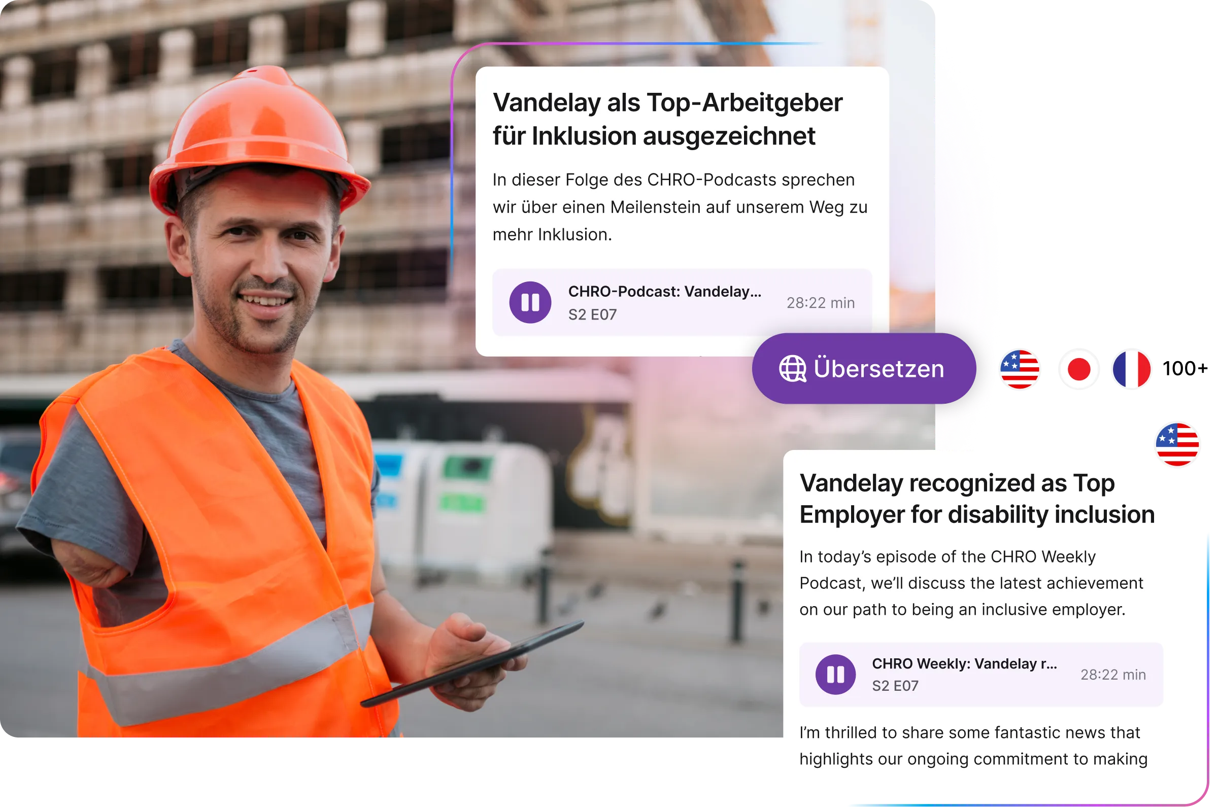 Bauarbeiter nutzt App-Inhalte mit Übersetzungsfunktion in mehreren Sprachen.