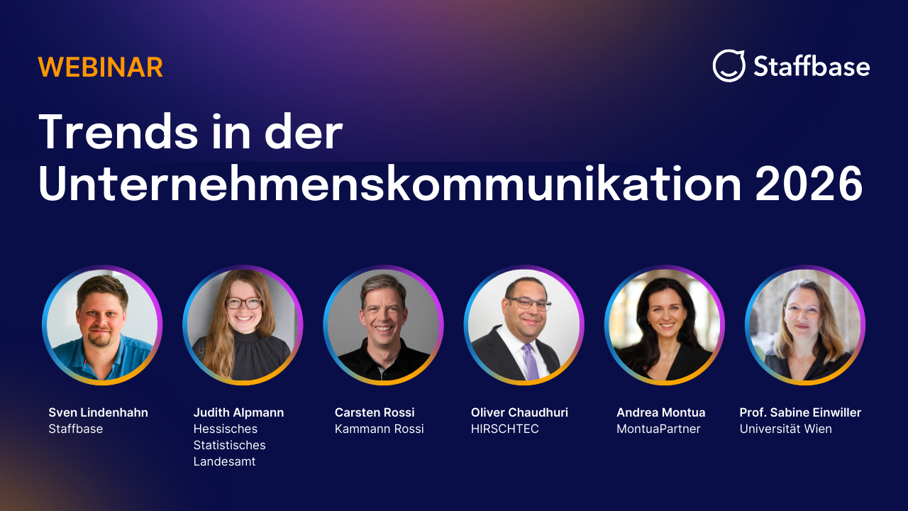 Webinar banner titled "Trends in der Unternehmenskommunikation 2026" with six speaker headshots and their names, organized by Staffbase.