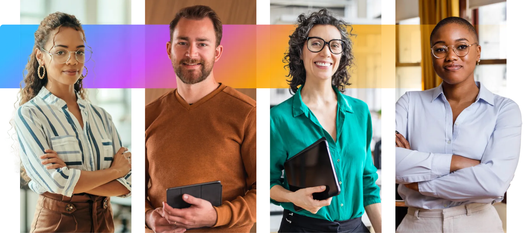 Four diverse professionals, two women and two men, stand confidently indoors, each holding a tablet or notebook, with a colorful gradient background.