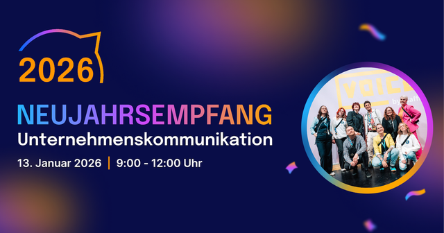 Promotional image for a corporate communications event on January 13, 2026, featuring a group photo and colorful design elements.