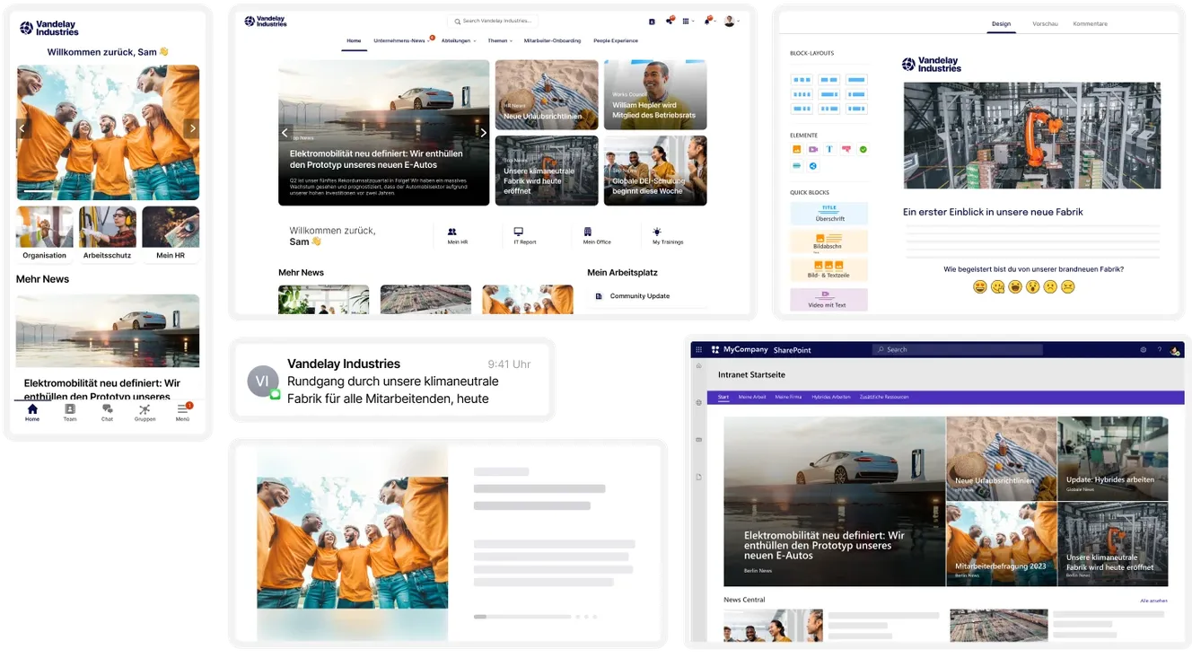 Collage of various corporate dashboard interfaces displaying news, updates, and a team photo of people in orange jackets.