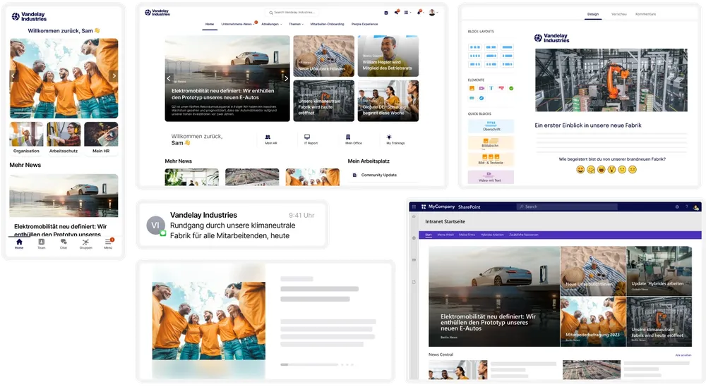 Collage of various corporate dashboard interfaces displaying news, updates, and a team photo of people in orange jackets.