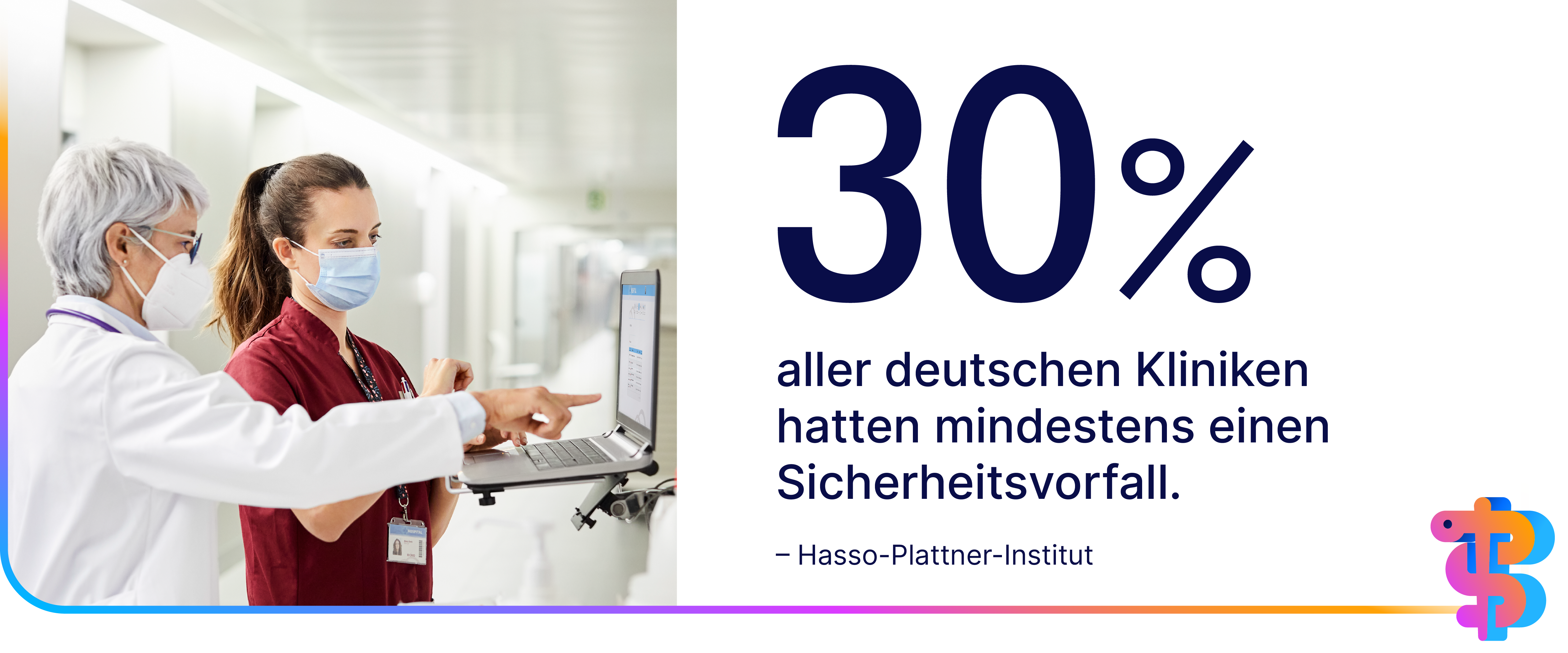 Zwei medizinische Fachkräfte mit Masken schauen gemeinsam auf einen Laptop; daneben steht die Zahl ‚30 %‘ mit dem Hinweis, dass fast ein Drittel aller deutschen Kliniken mindestens einen Sicherheitsvorfall hatte.