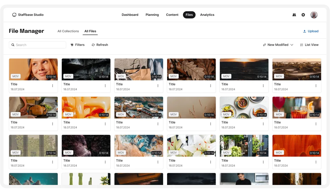 A digital file manager interface displaying various image and video thumbnails with titles, dates, and file types in a grid layout.