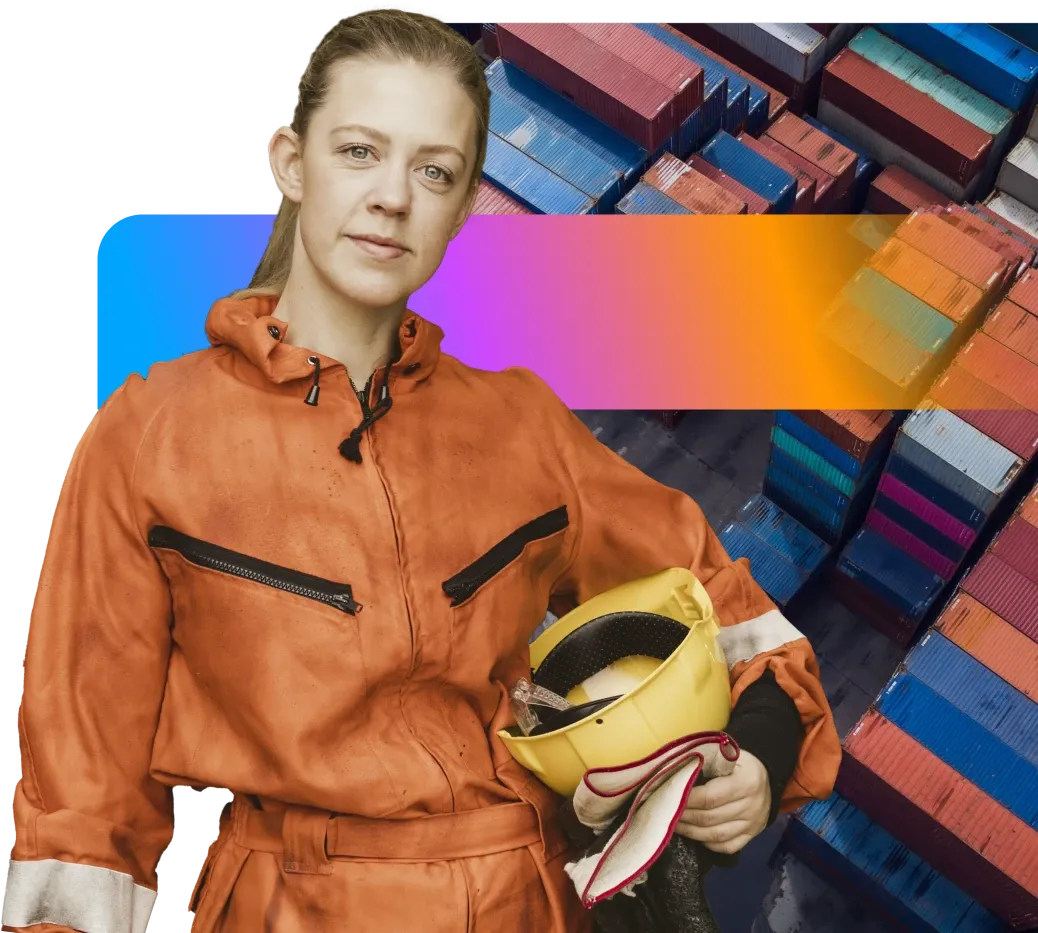 Person in orange work attire holding a yellow helmet, standing in front of stacked shipping containers with a colorful gradient overlay.