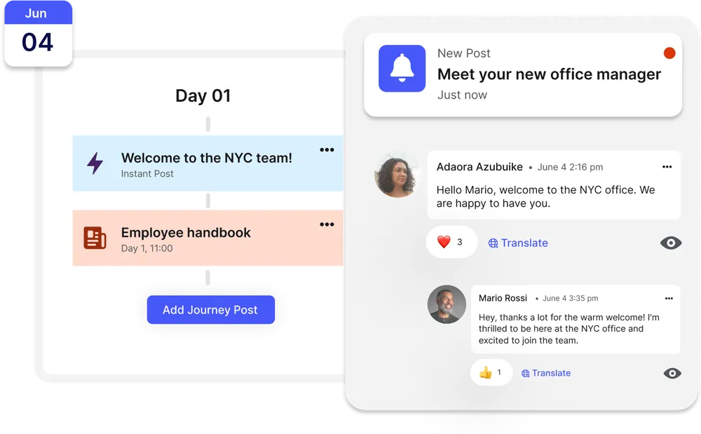 A digital interface showing a timeline with posts, including a welcome message for a new office manager and employee interactions.