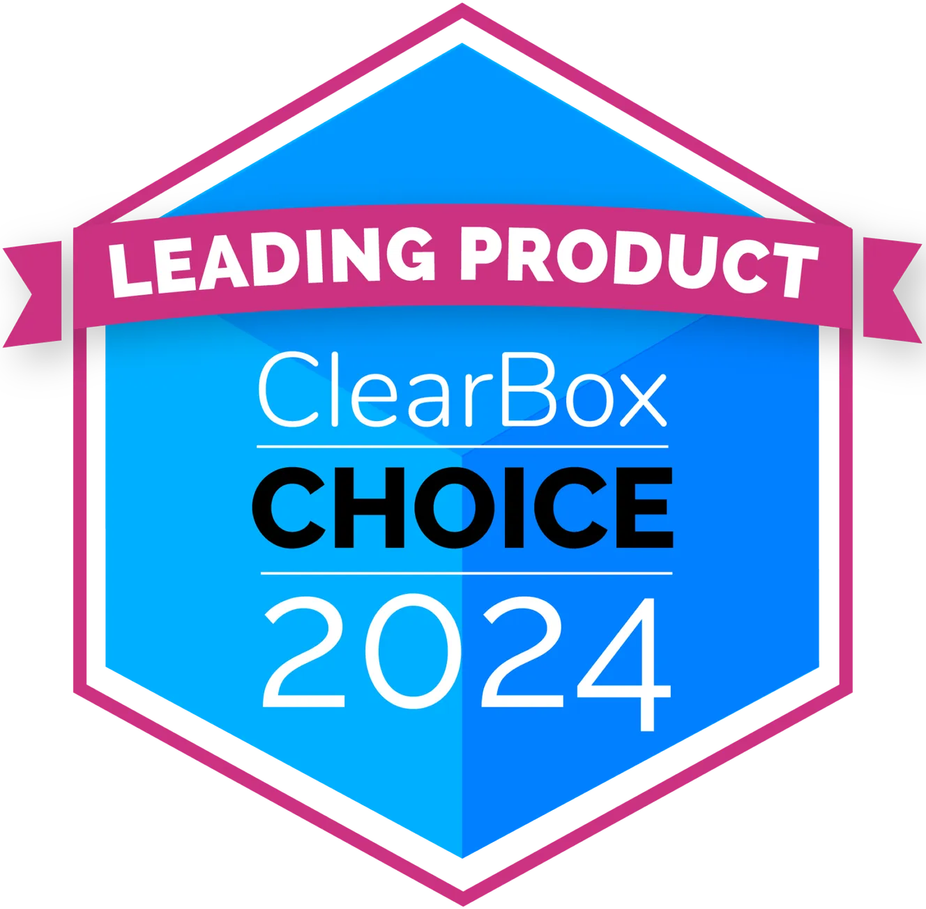 Badge with text: "Leading Product, ClearBox Choice 2024." Blue and pink geometric design with a ribbon at the top.