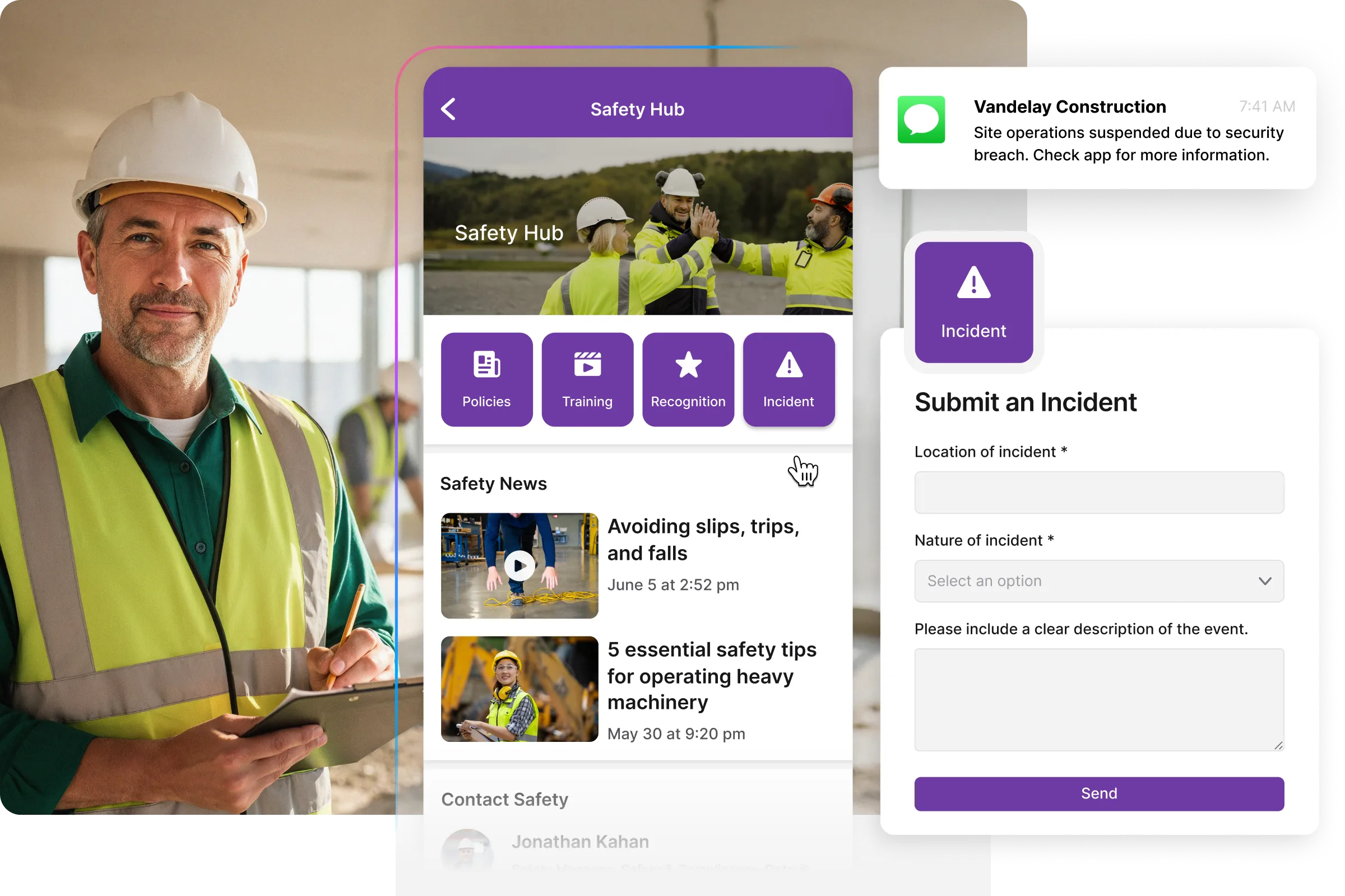 A construction worker holding a tablet displaying a safety app interface, with options for policies, training, and incident reporting.