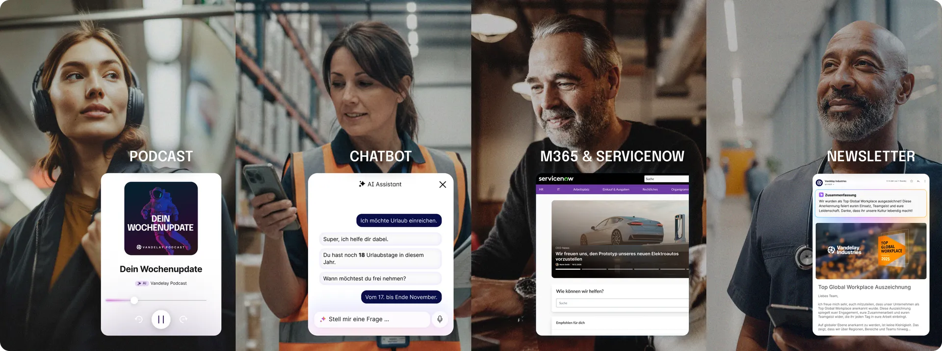 PODCAST: Eine Frau mit Kopfhörern, überlagert von einem "Dein Wochenupdate" Audioplayer.  CHATBOT: Eine Mitarbeiterin in Warnweste, die in ein Chatfenster des "AI Assistant" schaut, das eine Frage zu Urlaubstagen beantwortet.  M365 & SERVICENOW: Ein Mann, der eine Integration von ServiceNow in der Mitarbeiter-App betrachtet, welche die Ankündigung eines Elektrofahrzeugs zeigt.  NEWSLETTER: Ein lächelnder Mann, der auf seinem Smartphone einen E-Mail-Newsletter-Ausschnitt ("Global Workplace Aufzeichnung") liest.