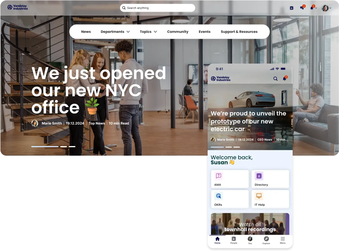 Website homepage showing an announcement of a new NYC office. A mobile view displays updates on a new electric car prototype.