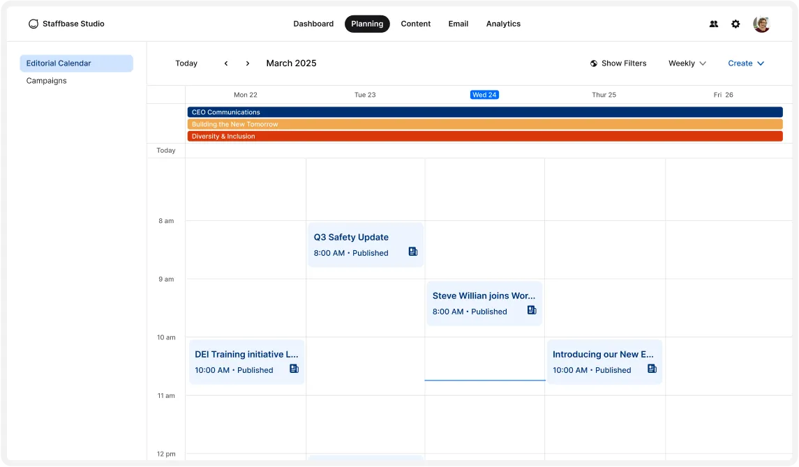 A digital calendar interface showing events for March 2025, including "CEO Communications" and "Diversity & Inclusion" on March 25.